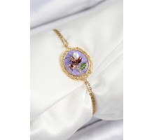 316L Çelik Zincir Mor Mineli Sanatsal Portre İnci Detaylı Lale Model Gold Renk Kadın Bileklik - TJ-BB7236