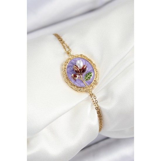 316L Çelik Zincir Mor Mineli Sanatsal Portre İnci Detaylı Lale Model Gold Renk Kadın Bileklik - TJ-BB7236