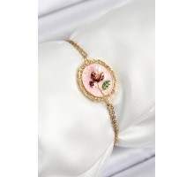316L Çelik Zincir Pembe Mineli Sanatsal Portre İnci Detaylı Lale Model Gold Renk Kadın Bileklik - TJ-BB7237