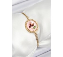 316L Çelik Zincir Pembe Mineli Sanatsal Portre İnci Detaylı Lale Model Gold Renk Kadın Bileklik - TJ-BB7237