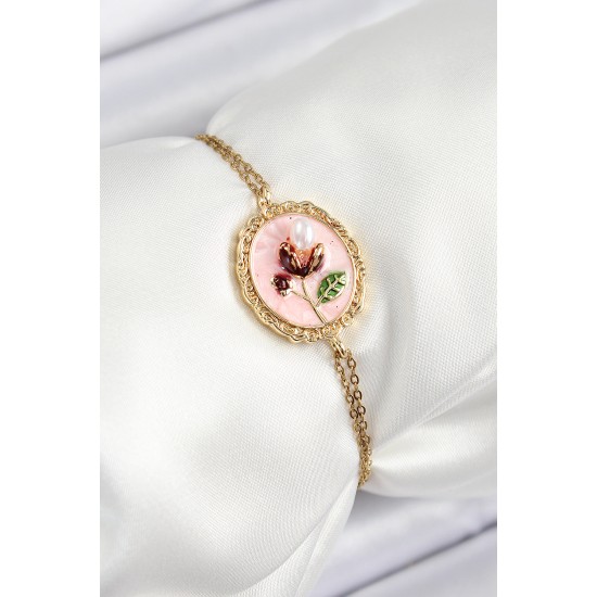 316L Çelik Zincir Pembe Mineli Sanatsal Portre İnci Detaylı Lale Model Gold Renk Kadın Bileklik - TJ-BB7237