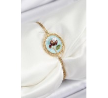 316L Çelik Zincir Turkuaz Mineli Sanatsal Portre İnci Detaylı Lale Model Gold Renk Kadın Bileklik - TJ-BB7238