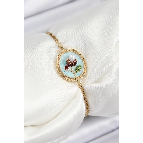 316L Çelik Zincir Turkuaz Mineli Sanatsal Portre İnci Detaylı Lale Model Gold Renk Kadın Bileklik - TJ-BB7238