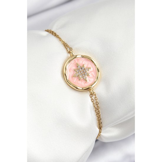 316L Çelik Zincir Pembe Mineli Sanatsal Portre Kuzey Yıldızı Model Gold Renk Kadın Bileklik - TJ-BB7239
