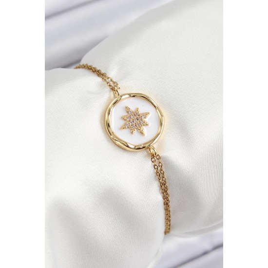 316L Çelik Zincir Beyaz Mineli Sanatsal Portre Kuzey Yıldızı Model Gold Renk Kadın Bileklik - TJ-BB7240
