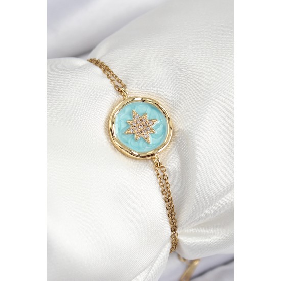316L Çelik Zincir Turkuaz Mineli Sanatsal Portre Kuzey Yıldızı Model Gold Renk Kadın Bileklik - TJ-BB7241