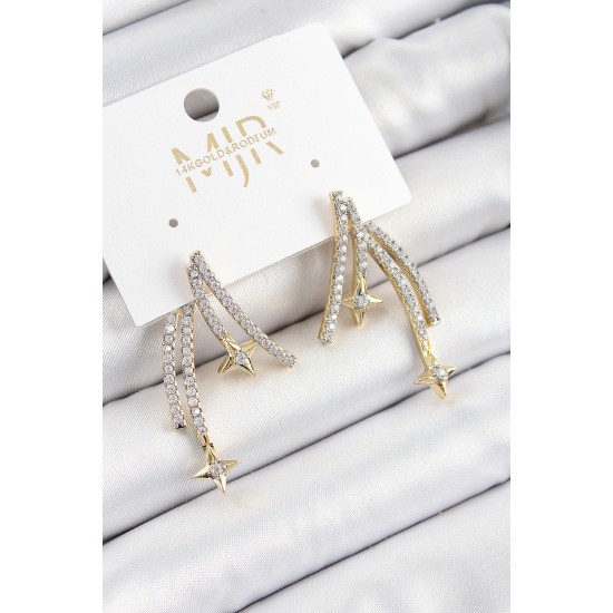 Pirinç Zirkon Taşlı Kayan Yıldız Model Gold Ve Gümüş Renk Kadın Küpe - TJ-BKP10780