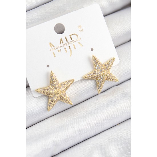 Pirinç Zirkon Taşlı Yıldız Model Gold Renk Kadın Küpe - TJ-BKP10781