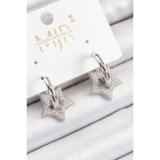 Pirinç Zirkon Taşlı Yıldız Figürlü Halka Model Gümüş Renk Kadın Küpe - TJ-BKP10782