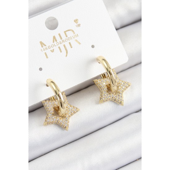 Pirinç Zirkon Taşlı Yıldız Figürlü Halka Model Gold Renk Kadın Küpe - TJ-BKP10783