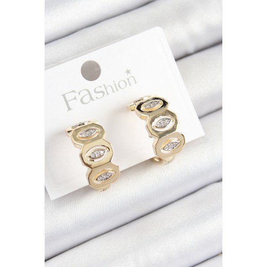 Pirinç Zirkon Taşlı Damla Figürlü Halka Model Gold Renk Kadın Küpe - TJ-BKP10784