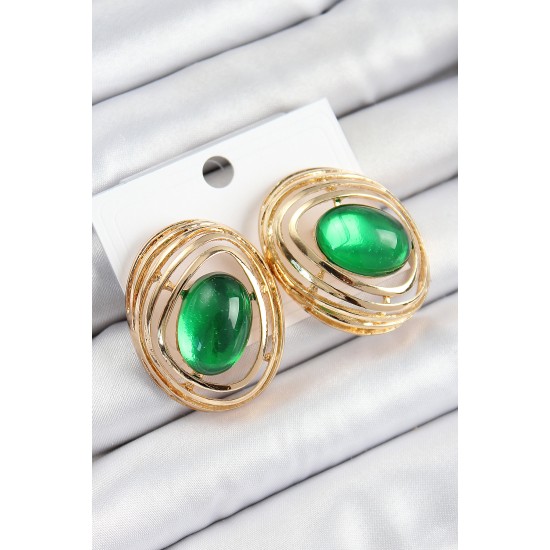Pirinç Zümrüt Yeşili Zirkon Taşlı Oval Model Gold Renk Kadın Küpe - TJ-BKP10785