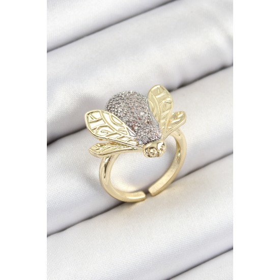 Pirinç Zirkon Taşlı Arı Model Gümüş Ve Gold Renk Kadın Yüzük - TJ-BYK3792