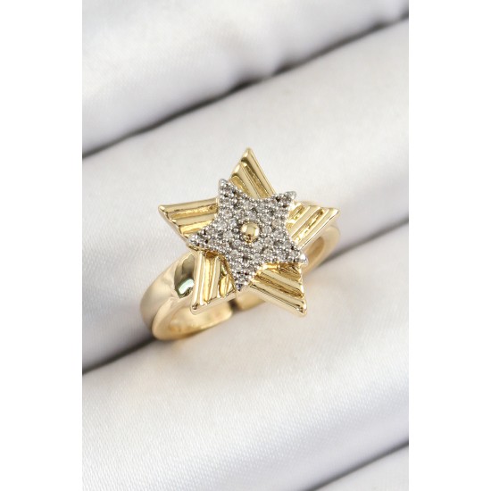 Pirinç Zirkon Taşlı Yıldız Model Gold Ve Gümüş Renk Kadın Yüzük - TJ-BYK3794
