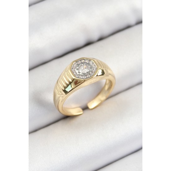 Pirinç Zirkon Taşlı Sekizgen Model Gold Renk Kadın Yüzük - TJ-BYK3796