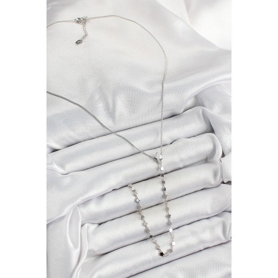 Pirinç Zirkon Taşlı Yıldız Figürlü Y Model Gümüş Renk Kadın Kolye - TJ-BKO10309