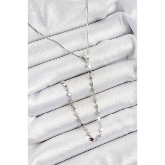 Pirinç Zirkon Taşlı Yıldız Figürlü Y Model Gümüş Renk Kadın Kolye - TJ-BKO10309