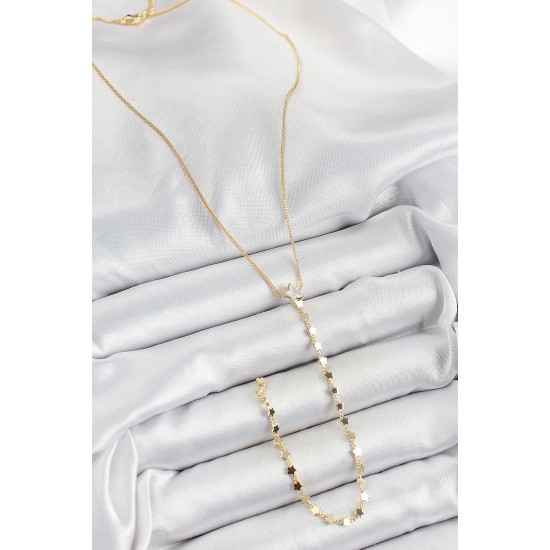 Pirinç Zirkon Taşlı Yıldız Figürlü Y Model Gold Renk Kadın Kolye - TJ-BKO10310