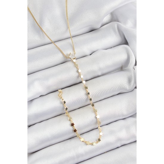 Pirinç Zirkon Taşlı Yıldız Figürlü Y Model Gold Renk Kadın Kolye - TJ-BKO10310