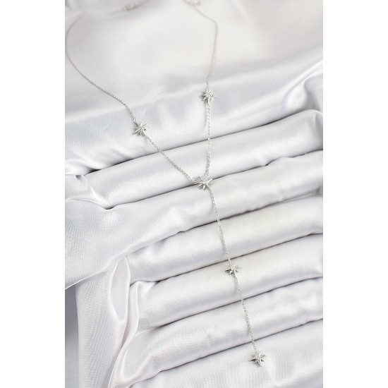 Pirinç Zirkon Taşlı Kutup Yıldız Figürlü Y Model Gümüş Renk Kadın Kolye - TJ-BKO10311