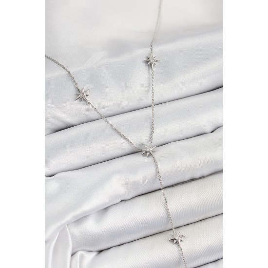 Pirinç Zirkon Taşlı Kutup Yıldız Figürlü Y Model Gümüş Renk Kadın Kolye - TJ-BKO10311