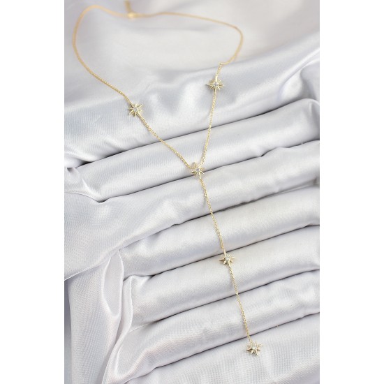 Pirinç Zirkon Taşlı Kutup Yıldız Figürlü Y Model Gold Renk Kadın Kolye - TJ-BKO10312