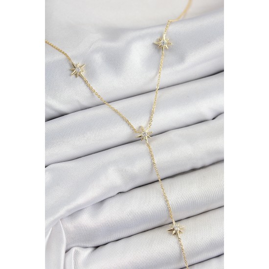 Pirinç Zirkon Taşlı Kutup Yıldız Figürlü Y Model Gold Renk Kadın Kolye - TJ-BKO10312