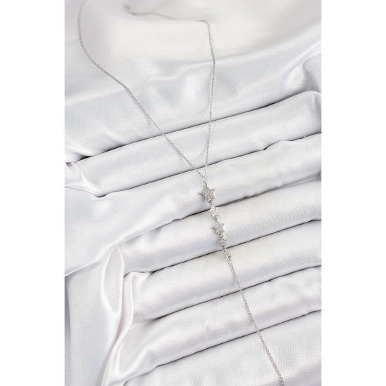 Pirinç Zirkon Taşlı Sıralı Yıldız Figürlü Y Model Gümüş Renk Kadın Kolye - TJ-BKO10313