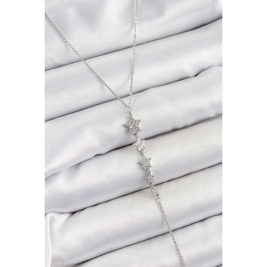 Pirinç Zirkon Taşlı Sıralı Yıldız Figürlü Y Model Gümüş Renk Kadın Kolye - TJ-BKO10313