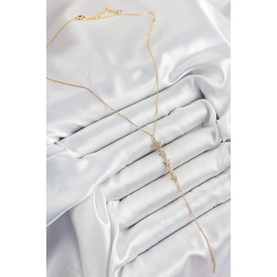 Pirinç Zirkon Taşlı Sıralı Yıldız Figürlü Y Model Gold Renk Kadın Kolye - TJ-BKO10314