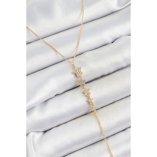 Pirinç Zirkon Taşlı Sıralı Yıldız Figürlü Y Model Gold Renk Kadın Kolye - TJ-BKO10314