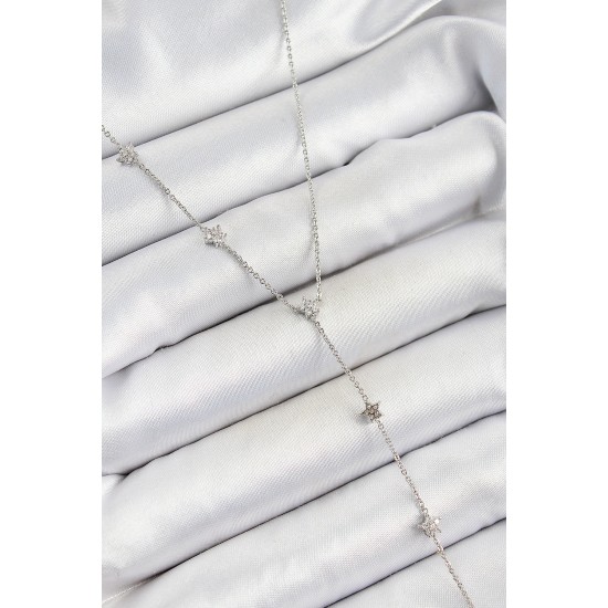 Pirinç Zirkon Taşlı Sıralı Yıldız Figürlü Y Model Gümüş Renk Kadın Kolye - TJ-BKO10315