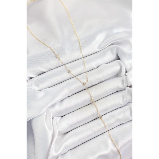 Pirinç Zirkon Taşlı Sıralı Yıldız Figürlü Y Model Gold Renk Kadın Kolye - TJ-BKO10316