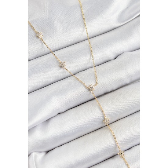 Pirinç Zirkon Taşlı Sıralı Yıldız Figürlü Y Model Gold Renk Kadın Kolye - TJ-BKO10316