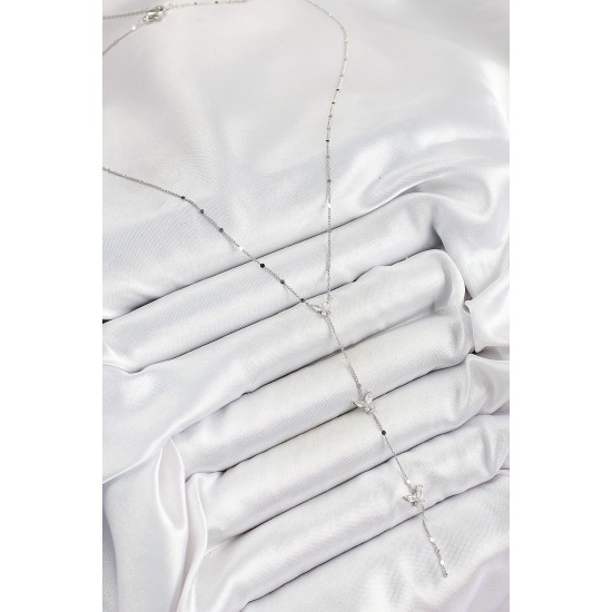 Pirinç Zirkon Taşlı Sıralı Kelebek Figürlü Y Model Gümüş Renk Kadın Kolye - TJ-BKO10317