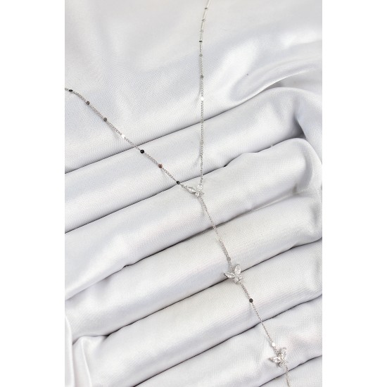 Pirinç Zirkon Taşlı Sıralı Kelebek Figürlü Y Model Gümüş Renk Kadın Kolye - TJ-BKO10317