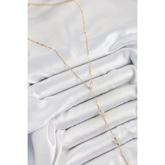 Pirinç Zirkon Taşlı Sıralı Kelebek Figürlü Y Model Gold Renk Kadın Kolye - TJ-BKO10318