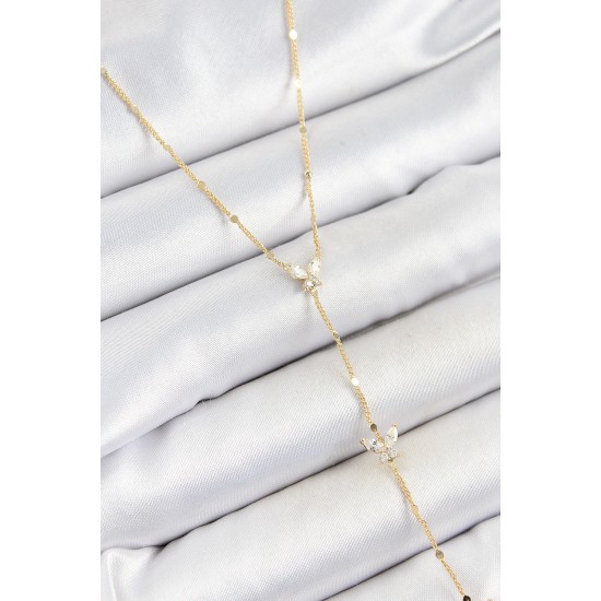 Pirinç Zirkon Taşlı Sıralı Kelebek Figürlü Y Model Gold Renk Kadın Kolye - TJ-BKO10318