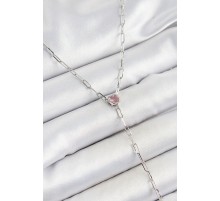 Pirinç Zirkon Taşlı Pembe Kalp Figürlü Y Model Gümüş Renk Kadın Kolye - TJ-BKO10319