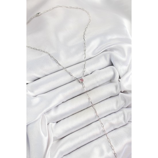 Pirinç Zirkon Taşlı Pembe Kalp Figürlü Y Model Gümüş Renk Kadın Kolye - TJ-BKO10319