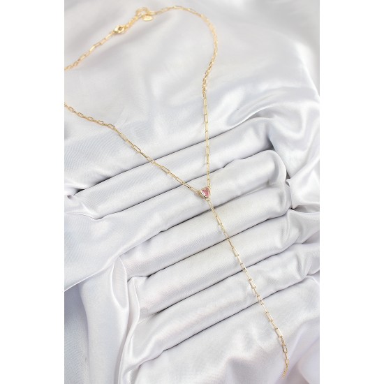 Pirinç Zirkon Taşlı Pembe Kalp Figürlü Y Model Gold Renk Kadın Kolye - TJ-BKO10320