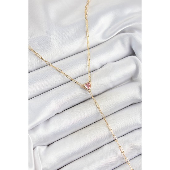 Pirinç Zirkon Taşlı Pembe Kalp Figürlü Y Model Gold Renk Kadın Kolye - TJ-BKO10320