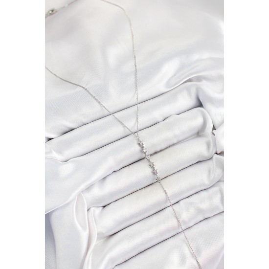 Pirinç Zirkon Taşlı Sıralı Yıldız Figürlü Y Model Gümüş Renk Kadın Kolye - TJ-BKO10321