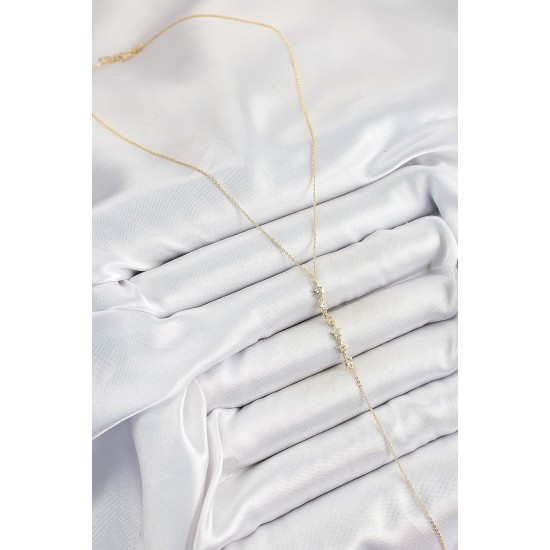 Pirinç Zirkon Taşlı Sıralı Yıldız Figürlü Y Model Gold Renk Kadın Kolye - TJ-BKO10322