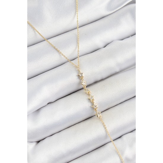 Pirinç Zirkon Taşlı Sıralı Yıldız Figürlü Y Model Gold Renk Kadın Kolye - TJ-BKO10322