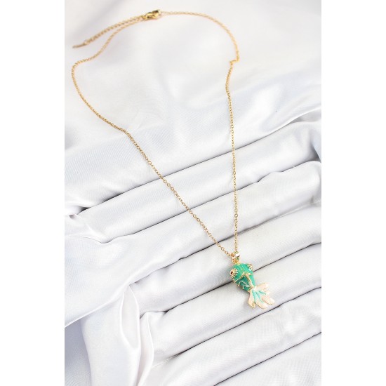316L Çelik Zincir Yeşil Balık Model Gold Renk Kadın Kolye - TJ-BKO10323