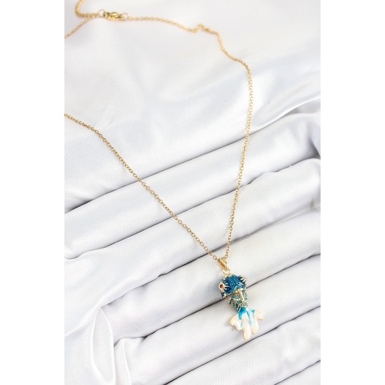 316L Çelik Zincir Mavi Balık Model Gold Renk Kadın Kolye - TJ-BKO10324