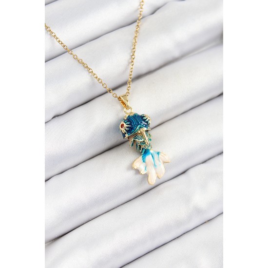 316L Çelik Zincir Mavi Balık Model Gold Renk Kadın Kolye - TJ-BKO10324