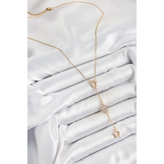 316L Çelik Zirkon Taşlı Yıldız Figürlü Y Model Gold Renk Kadın Kolye - TJ-BKO10329