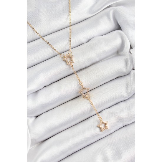 316L Çelik Zirkon Taşlı Yıldız Figürlü Y Model Gold Renk Kadın Kolye - TJ-BKO10329